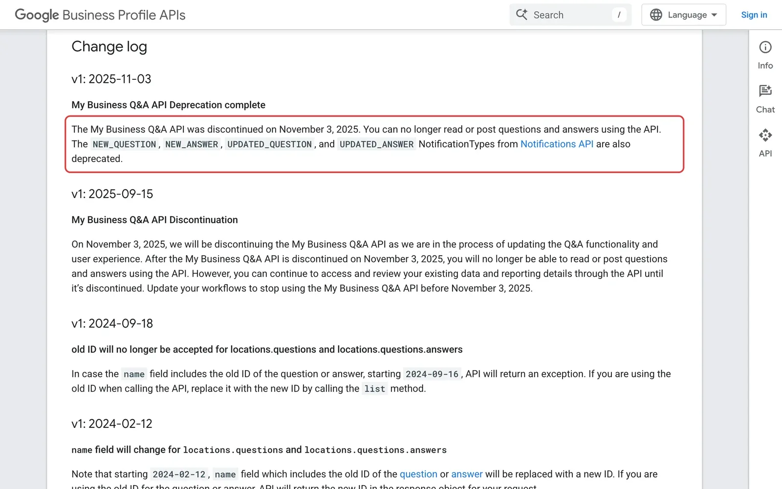 Änderungsprotokoll der Google Business Profile APIs: der Eintrag, dass die Q&A API am 3. November 2025 eingestellt wurde, ist rot umrahmt