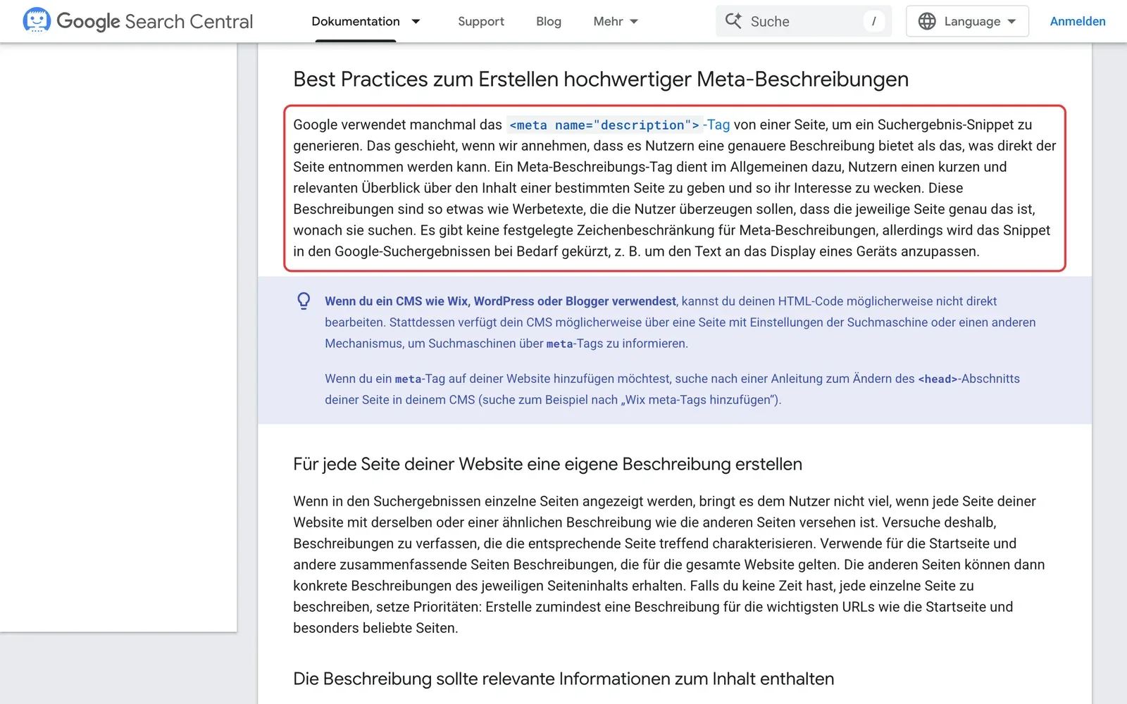 Google Search Central, Snippets: der Absatz, dass Google manchmal das Meta-Description-Tag verwendet und es keine festgelegte Zeichenbeschränkung für Meta-Beschreibungen gibt, ist rot umrahmt