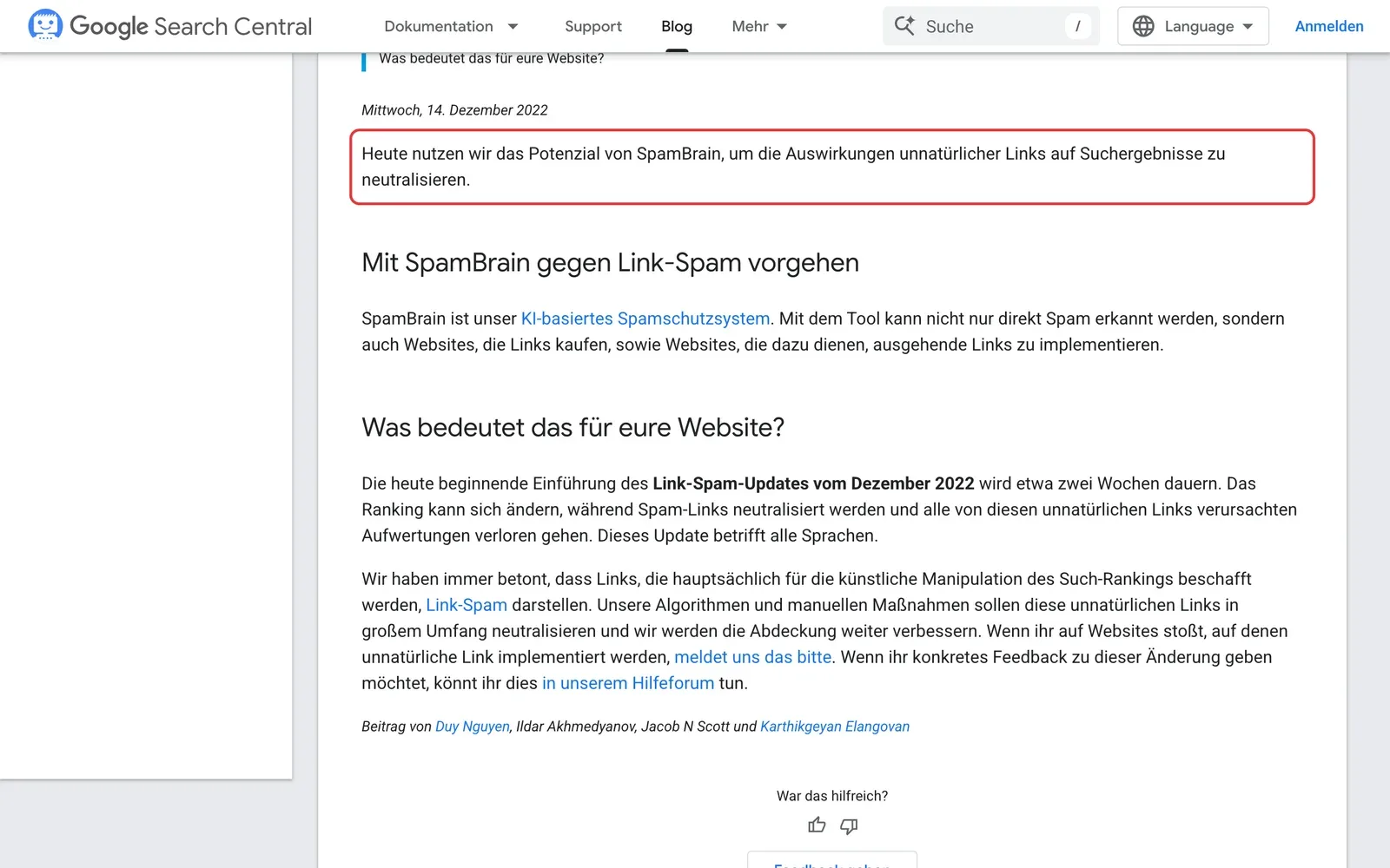 Google Search Central Blog vom 14. Dezember 2022: der Satz über SpamBrain und das Neutralisieren unnatürlicher Links ist rot umrahmt