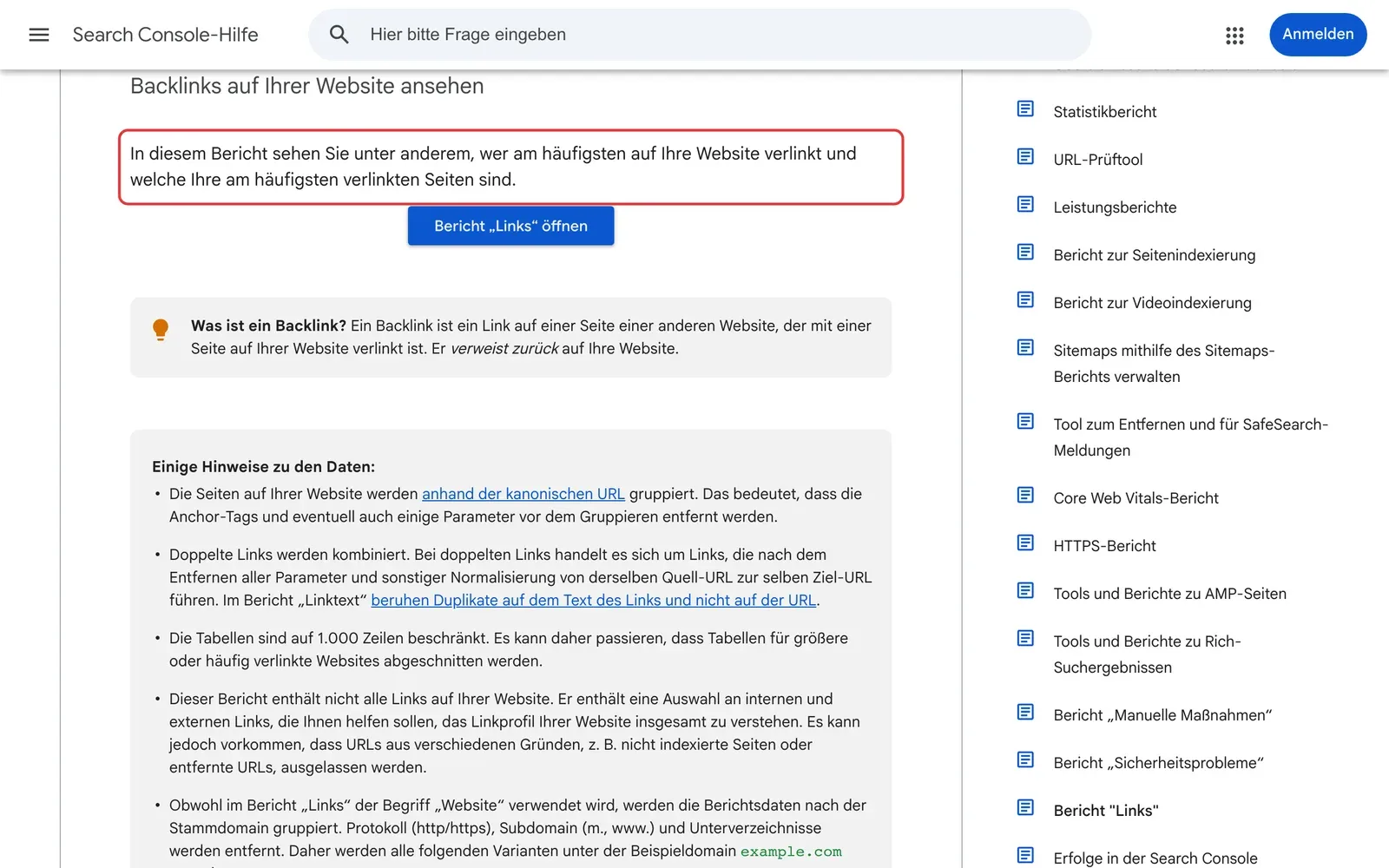Search-Console-Hilfe zum Bericht Links: der Satz, dass der Bericht die am häufigsten verlinkenden Websites zeigt, ist rot umrahmt