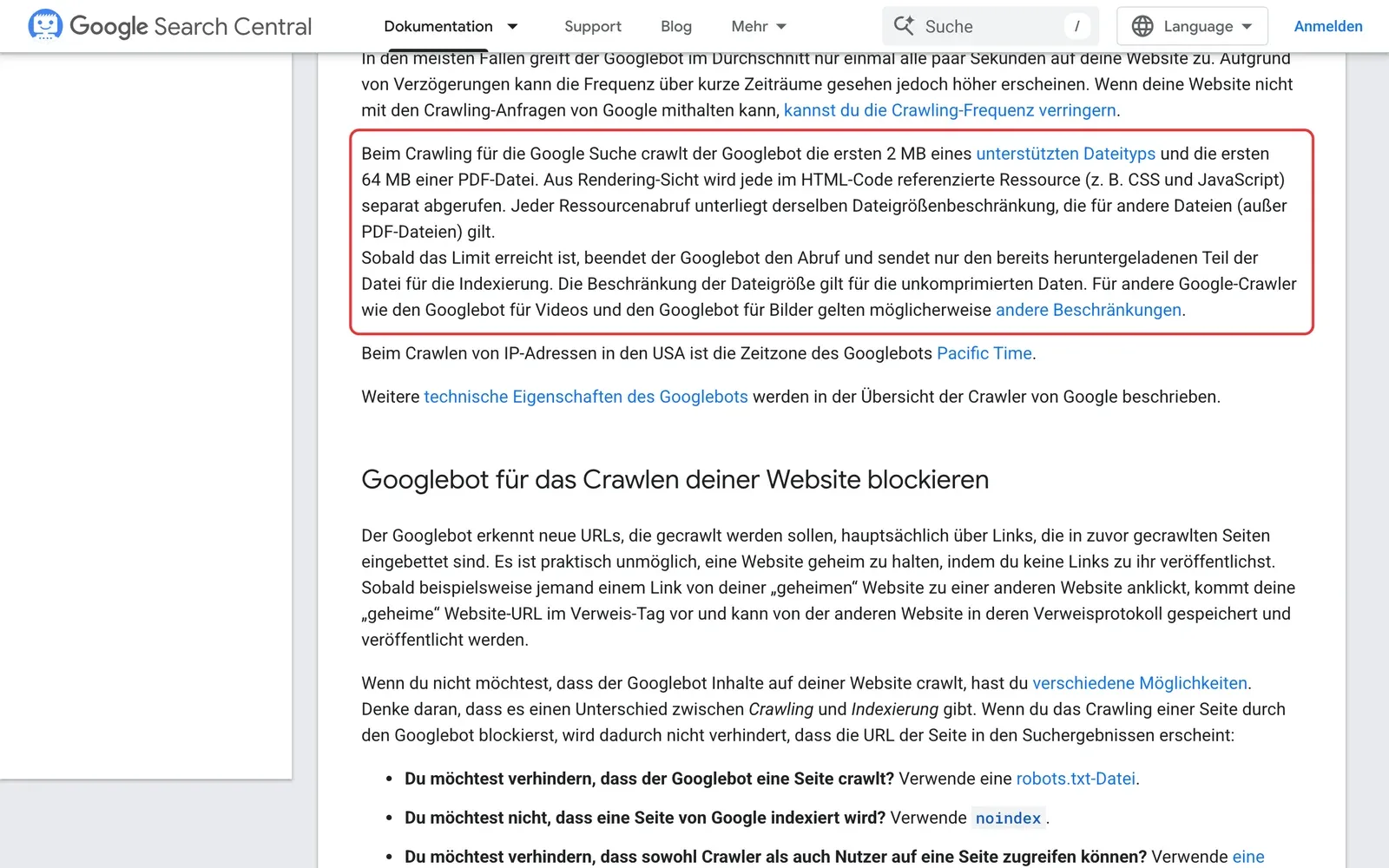 Google-Dokumentation zum Googlebot, der Absatz zu 2 MB je Dateityp und 64 MB je PDF-Datei ist rot umrahmt