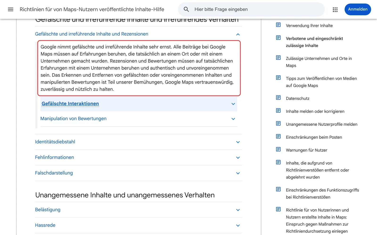 Google-Hilfe zu verbotenen Inhalten in Maps: der Absatz, dass Rezensionen auf tatsächlichen Erfahrungen beruhen müssen, ist rot umrahmt