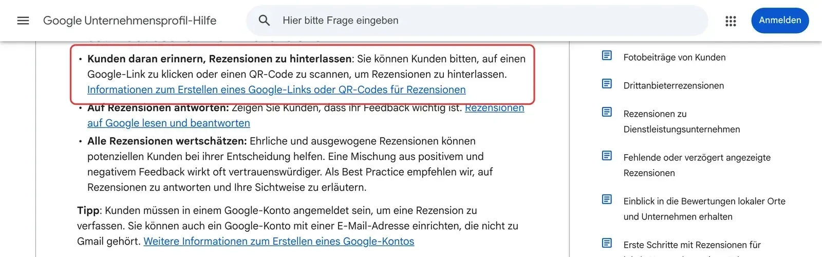 Google-Unternehmensprofil-Hilfe: der Tipp, Kunden per Google-Link oder QR-Code um Rezensionen zu bitten, ist rot umrahmt