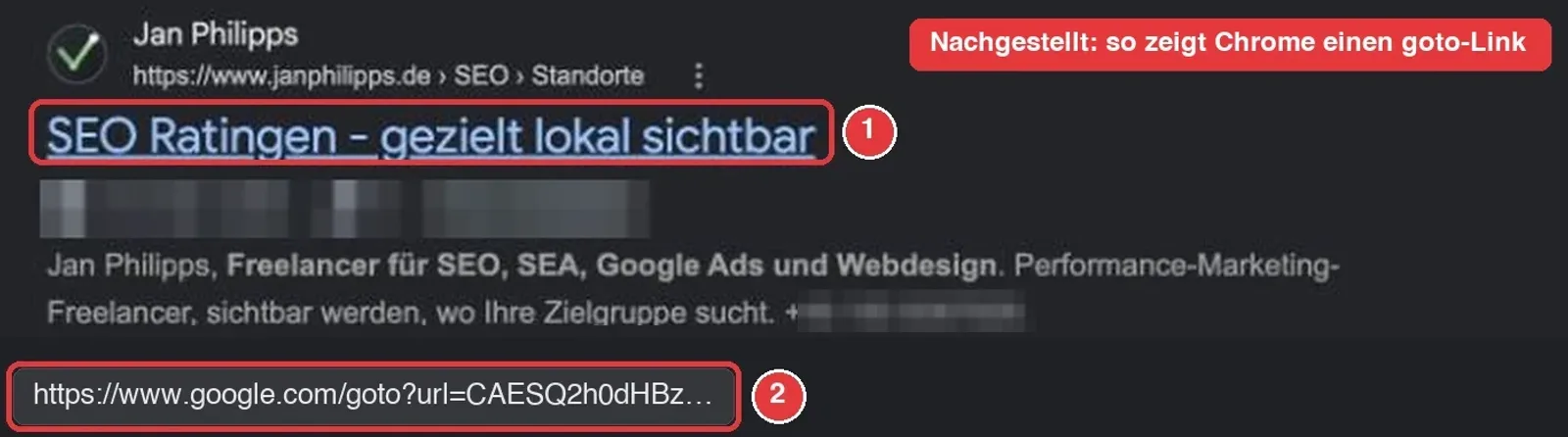 Google-Suchergebnis SEO Ratingen von janphilipps.de, unten links eine nachgestellte Adresszeile mit google.com/goto statt der Website-Adresse