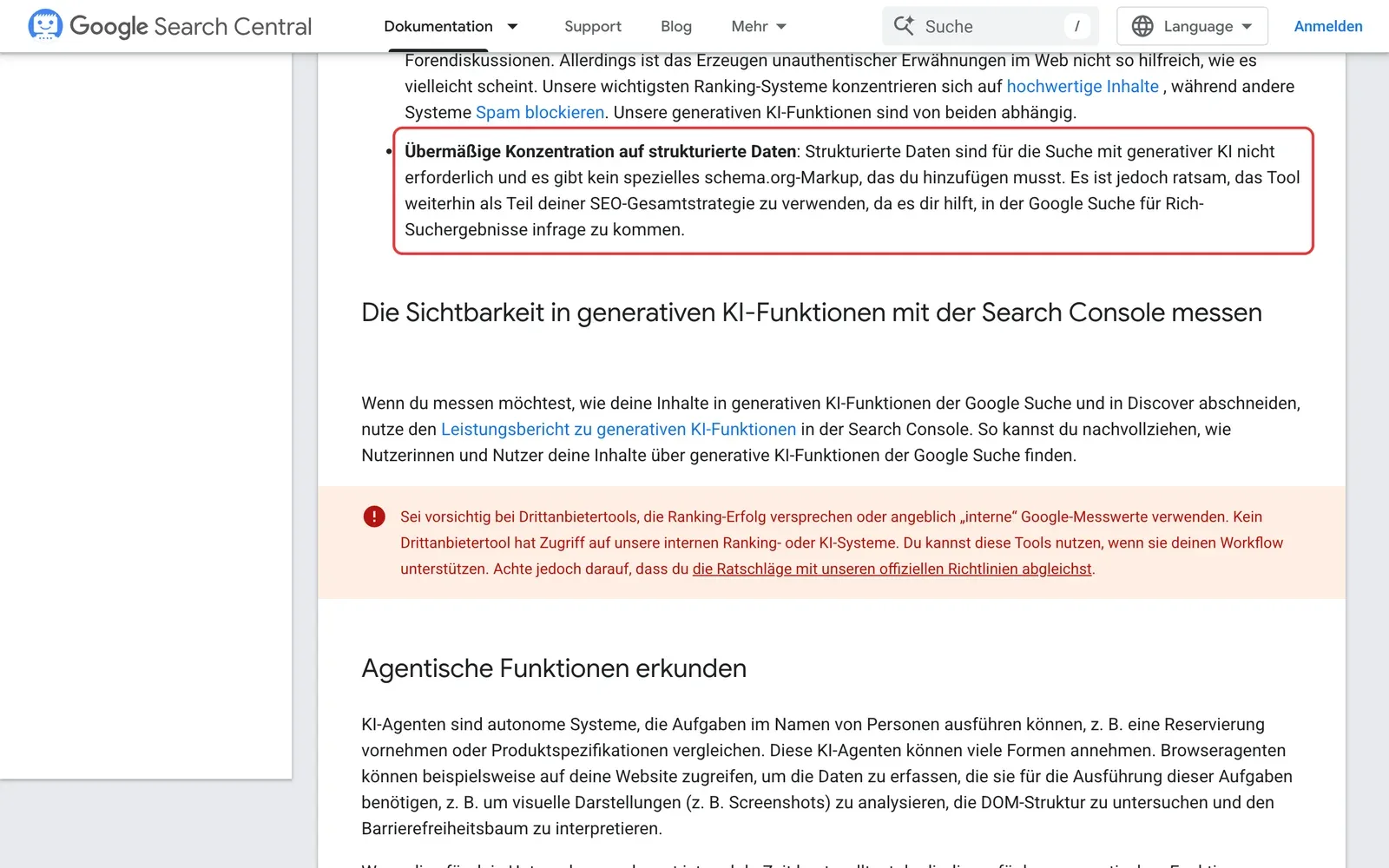 Google Search Central, Leitfaden zur Suche mit generativer KI: der Absatz Übermäßige Konzentration auf strukturierte Daten ist rot umrahmt