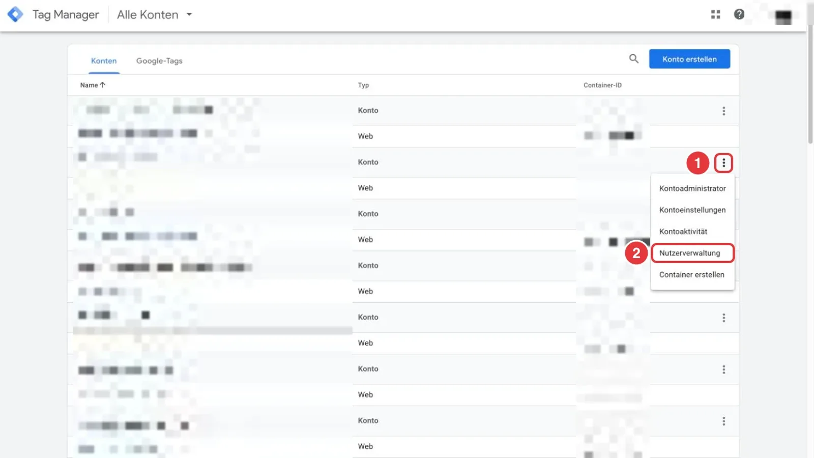 Kontoliste im Google Tag Manager mit geöffnetem Menü und markiertem Punkt Nutzerverwaltung