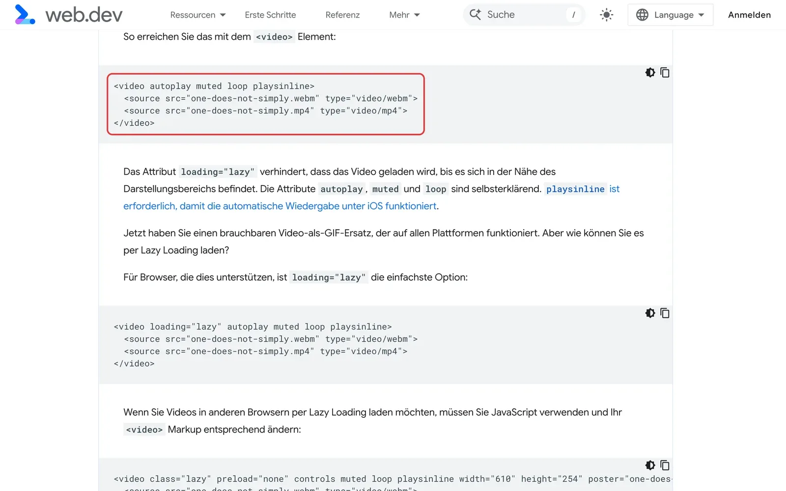 Google-Dokumentation auf web.dev mit dem Codebeispiel für ein Video mit autoplay, muted, loop und playsinline, rot umrahmt