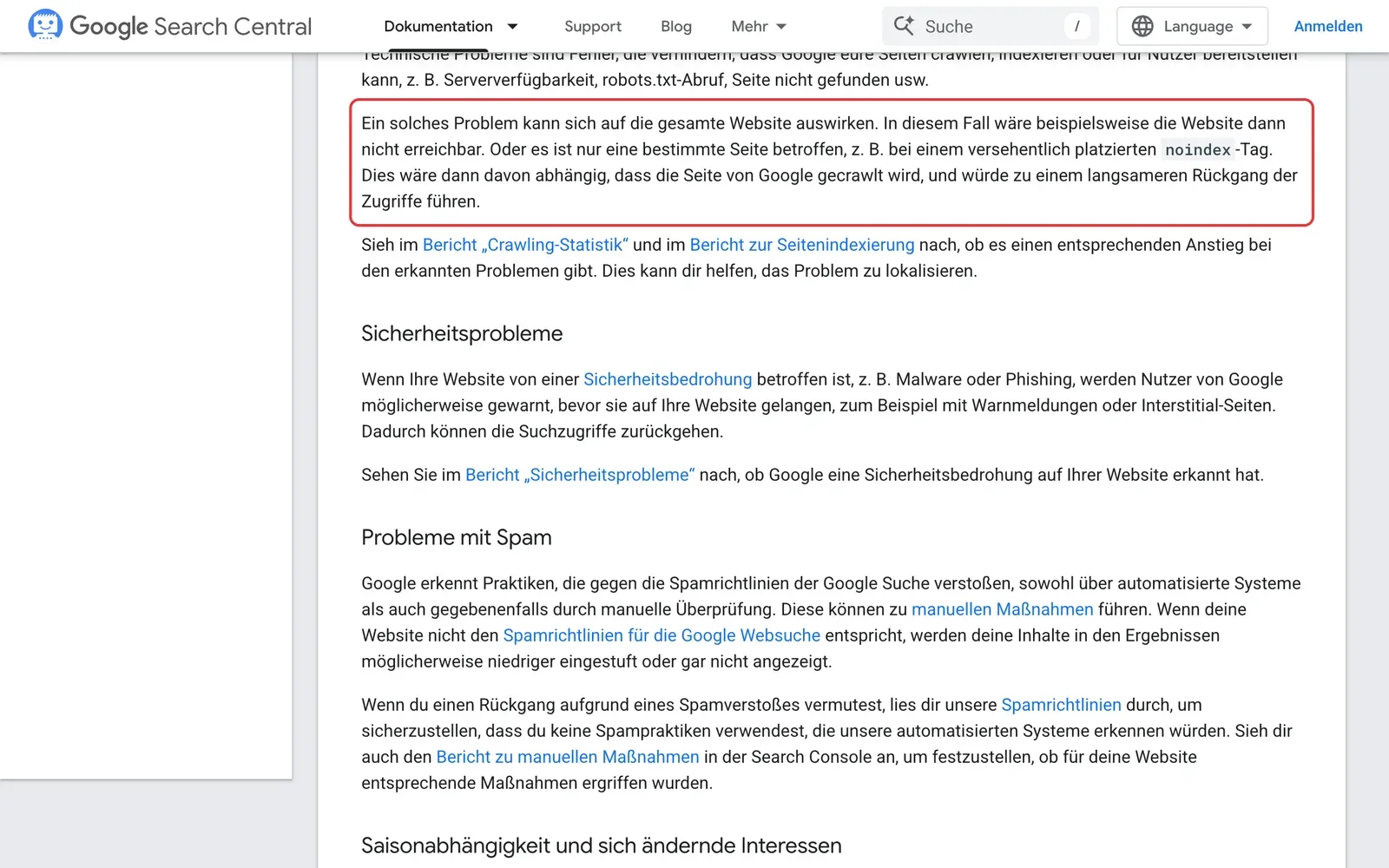 Google Search Central, Leitfaden zu Rückgängen der Zugriffe: der Absatz über technische Probleme auf der ganzen Website oder einzelnen Seiten mit versehentlich gesetztem noindex ist rot umrahmt