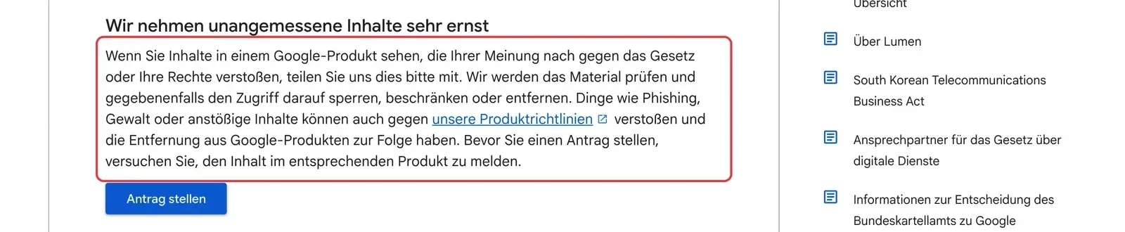Google-Hilfe Rechtliche Hinweise: der Absatz, dass man vor einem Antrag den Inhalt im Produkt melden soll, ist rot umrahmt, darunter der Knopf Antrag stellen