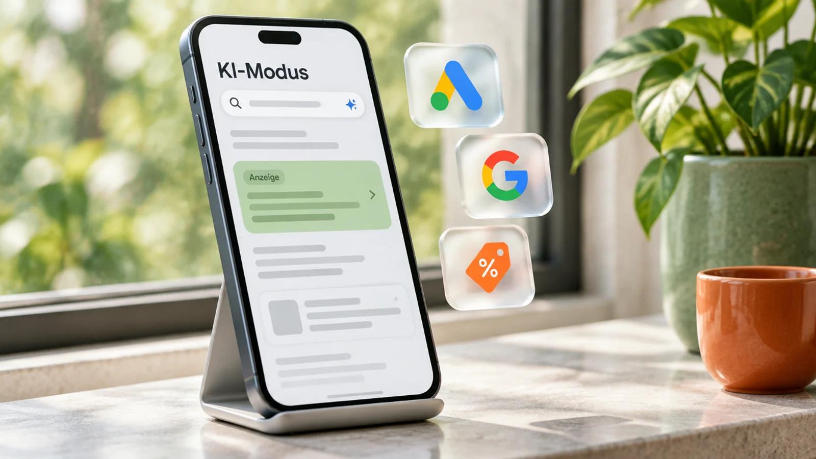 Smartphone im Ständer auf einer Fensterbank zeigt den KI-Modus mit einer markierten Anzeige, daneben Glaskarten mit Google-Ads-Logo, Google-Logo und Rabattsymbol