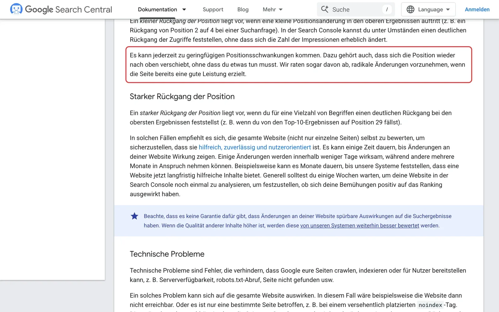 Google Search Central, Leitfaden zu Rückgängen der Zugriffe: der Absatz, dass Positionen schwanken und radikale Änderungen bei guter Leistung nicht empfohlen werden, ist rot umrahmt