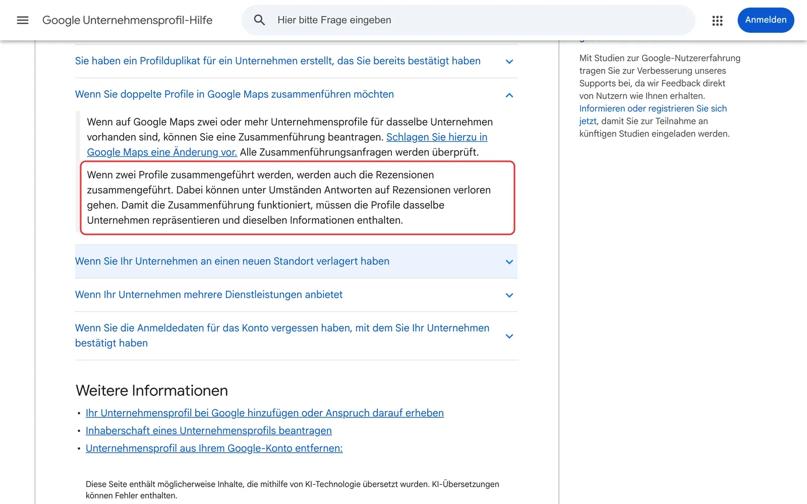 Google Unternehmensprofil-Hilfe zu doppelten Profilen: der Hinweis, dass beim Zusammenführen die Rezensionen zusammengeführt werden und Antworten verloren gehen können, ist rot umrahmt
