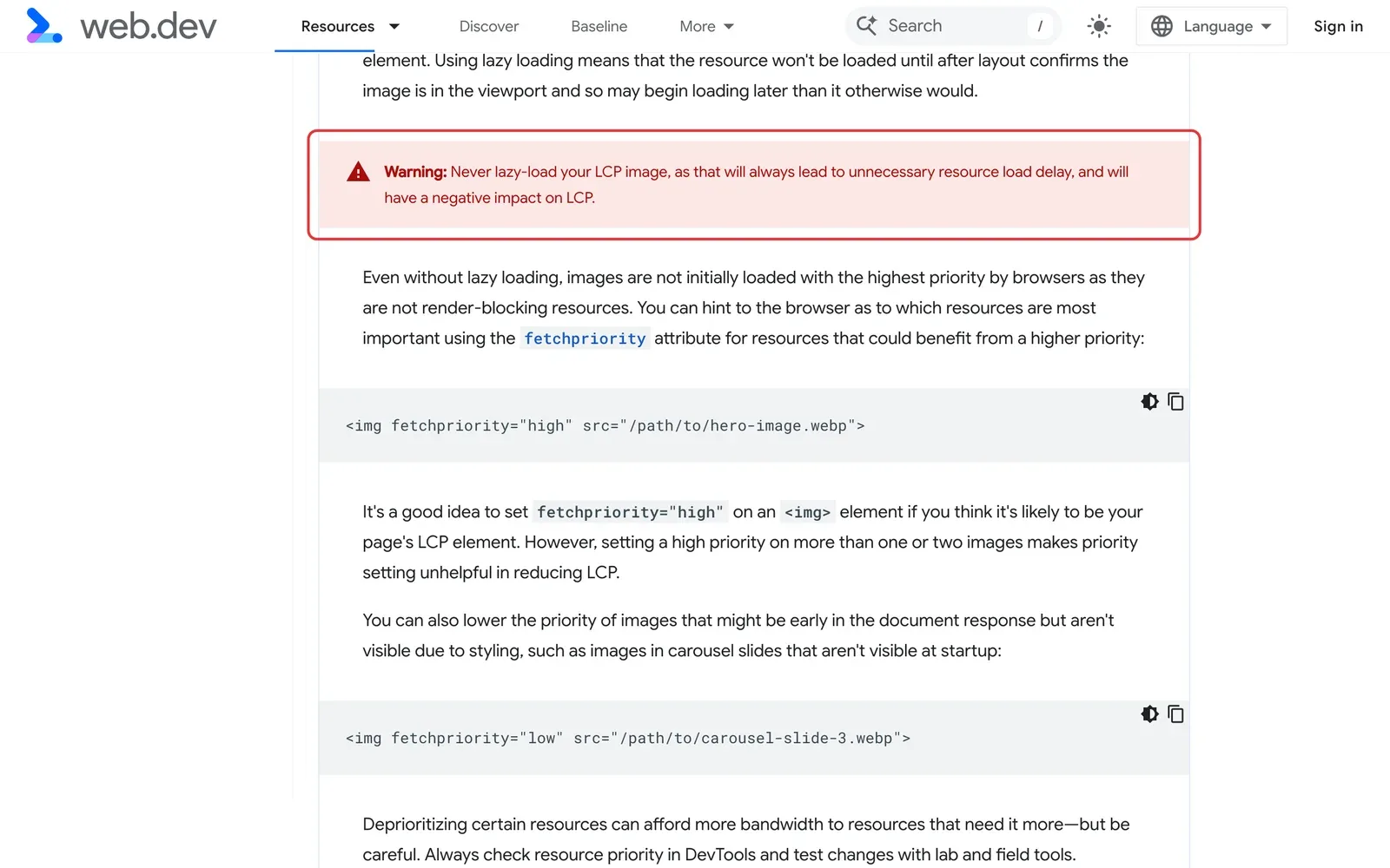 web.dev: Warnhinweis, das LCP-Bild nie per Lazy Loading zu laden