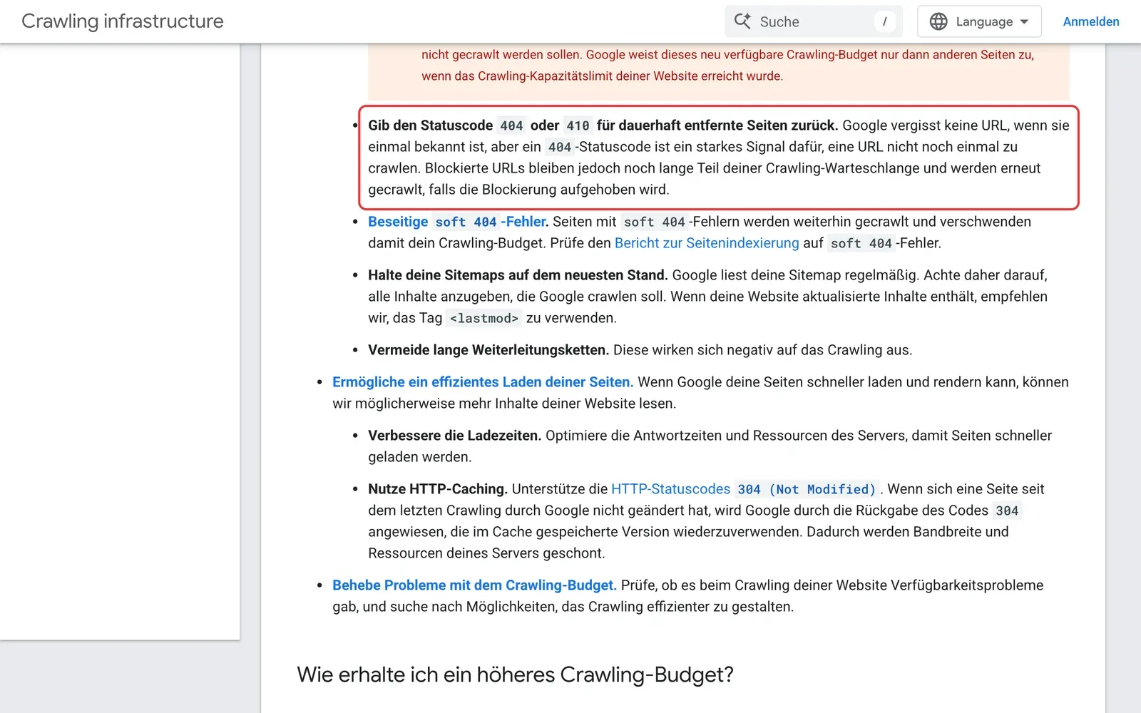 Google Search Central, Crawling-Budget verwalten: der Punkt, dass man für dauerhaft entfernte Seiten den Statuscode 404 oder 410 zurückgeben soll, weil ein 404 ein starkes Signal ist, die URL nicht noch einmal zu crawlen, ist rot umrahmt