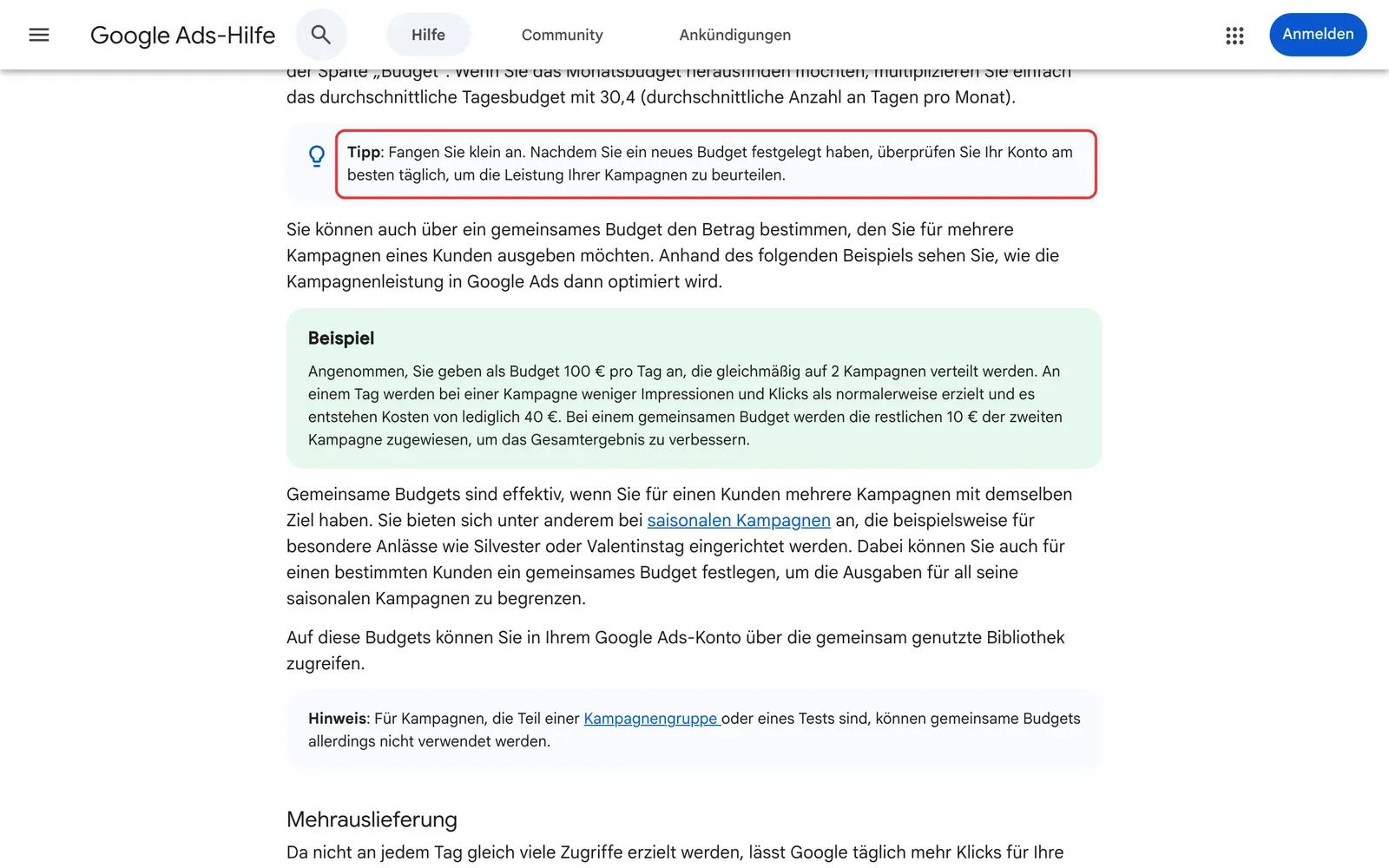 Google Ads-Hilfe: der Tipp, klein anzufangen und das Konto nach einem neuen Budget möglichst täglich zu prüfen, ist rot umrahmt