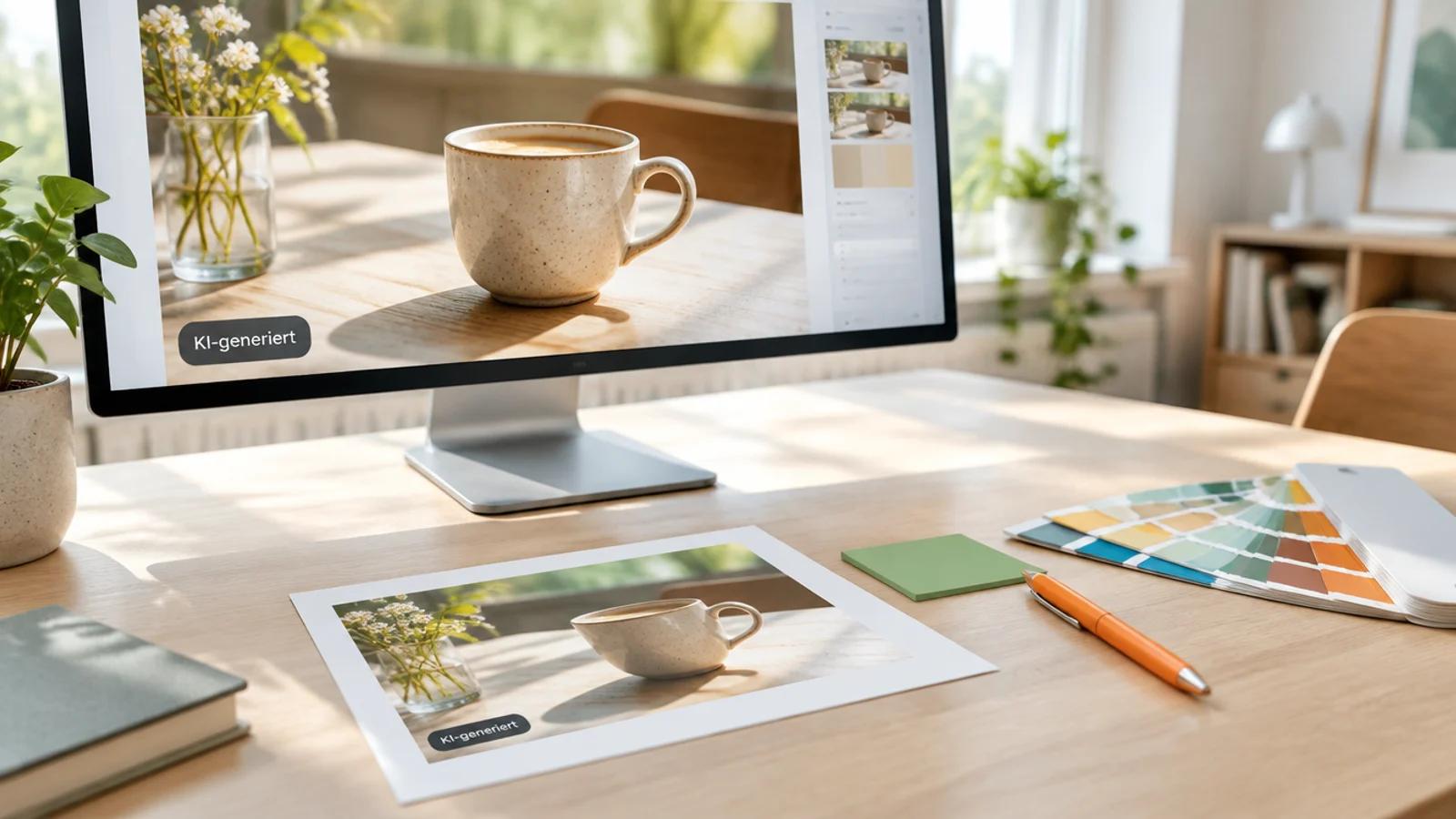Monitor mit Anzeigenvorschau einer Kaffeetasse und einem kleinen Hinweis KI-generiert, daneben ein Probedruck und Farbfächer