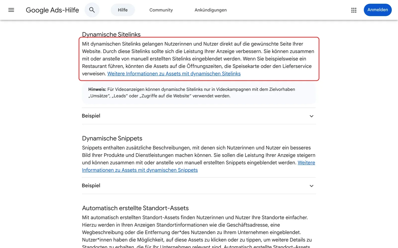 Google-Ads-Hilfe zu dynamischen Sitelinks mit markiertem Hinweis, dass sie auch anstelle manuell erstellter Sitelinks erscheinen können