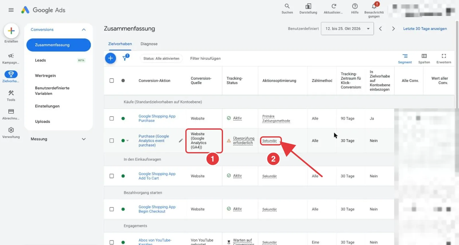 Google Ads Liste der Conversion-Aktionen: die Conversion-Quelle Website Google Analytics GA4 und die Aktionsoptimierung Sekundär sind rot markiert