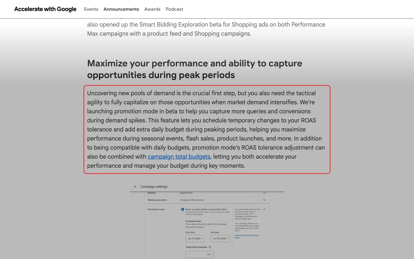 Googles Ankündigung auf Accelerate with Google mit markiertem Absatz zum Promotion Mode in der Beta