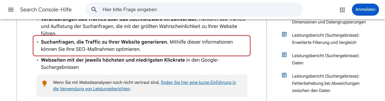 Search Console-Hilfe Leistungsbericht: der Punkt Suchanfragen, die Traffic zu Ihrer Website generieren, ist rot umrahmt