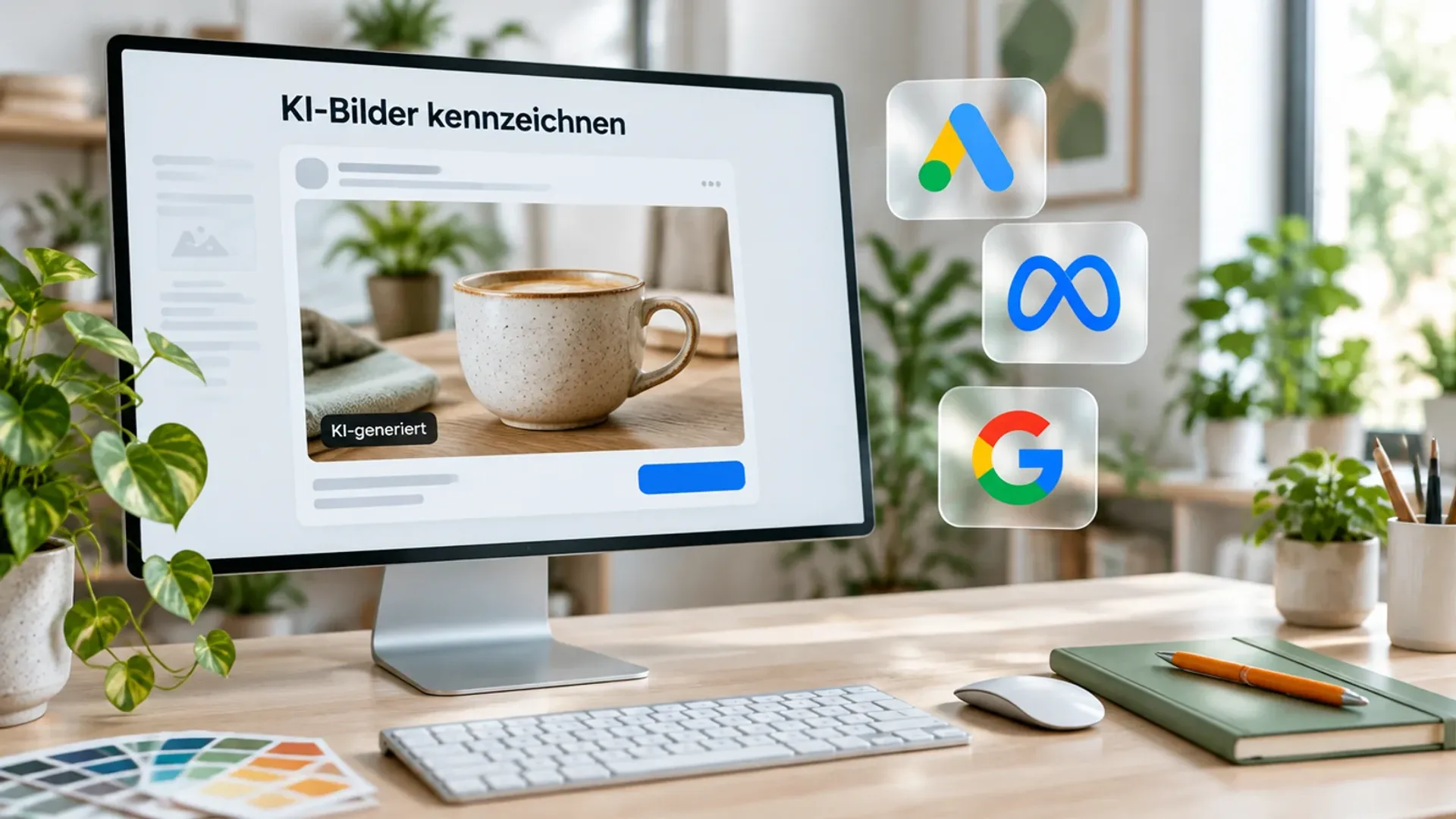 Monitor mit der Überschrift KI-Bilder kennzeichnen und einer Anzeige mit dem Hinweis KI-generiert, daneben Glaskacheln mit den Logos von Google Ads, Meta und Google