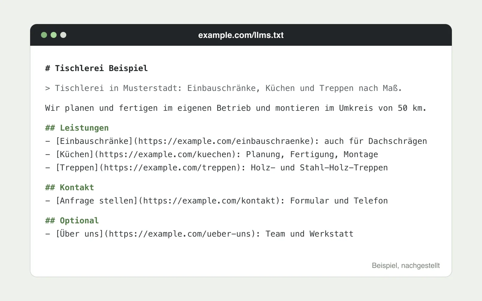 Beispiel einer llms.txt für eine Tischlerei mit Überschrift, kurzer Beschreibung und Linklisten zu Leistungen, Kontakt und einem optionalen Bereich