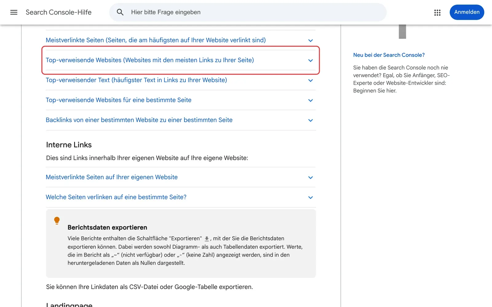 Search-Console-Hilfe zum Linkbericht mit den Bereichen für externe Links