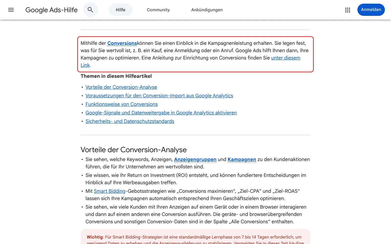 Google Ads-Hilfe zur Conversion-Analyse: der Absatz, dass du selbst festlegst, was für dich wertvoll ist, etwa ein Kauf, eine Anmeldung oder ein Anruf, ist rot umrahmt