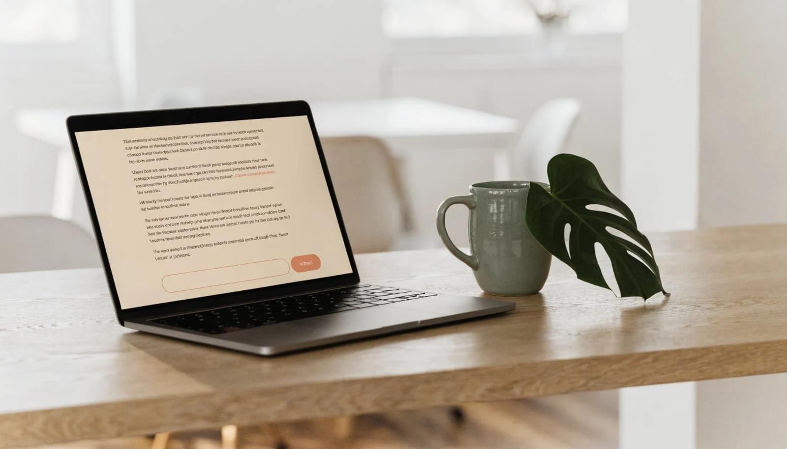 Laptop mit einem hellen, cremefarbenen Chatfenster und einem korallenroten Senden-Knopf