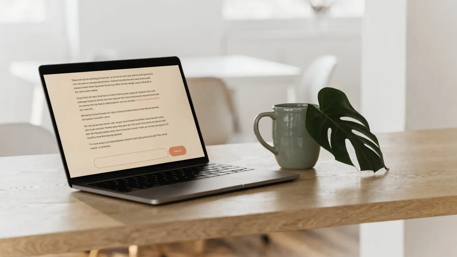 Laptop mit einem hellen, cremefarbenen Chatfenster und einem korallenroten Senden-Knopf