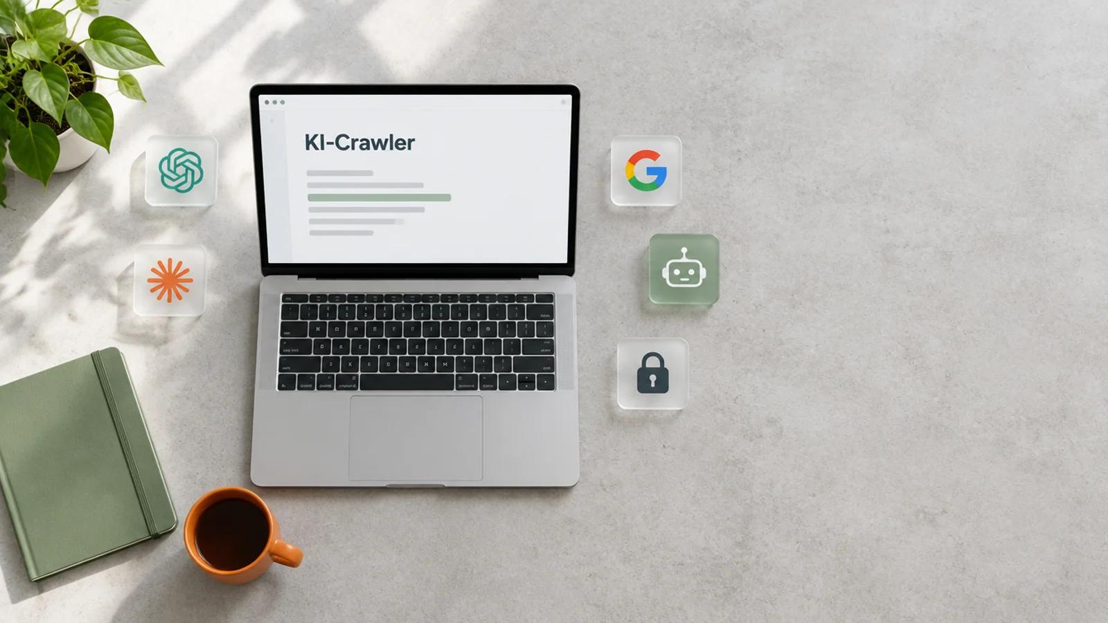 Laptop von oben auf einem hellen Betontisch mit dem Wort KI-Crawler, daneben Glaskacheln mit ChatGPT-, Claude- und Google-Logo, Roboter- und Schloss-Symbol