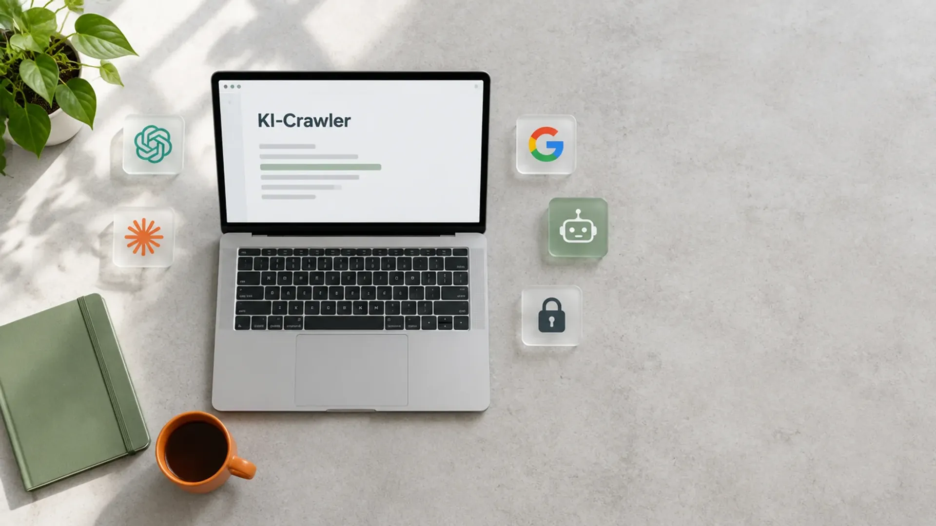 Laptop von oben auf einem hellen Betontisch mit dem Wort KI-Crawler, daneben Glaskacheln mit ChatGPT-, Claude- und Google-Logo, Roboter- und Schloss-Symbol