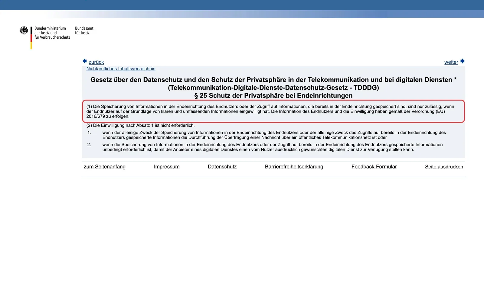 Gesetze im Internet, § 25 TDDDG Schutz der Privatsphäre bei Endeinrichtungen: Absatz 1 zur Einwilligung vor dem Speichern von Informationen in der Endeinrichtung ist rot umrahmt