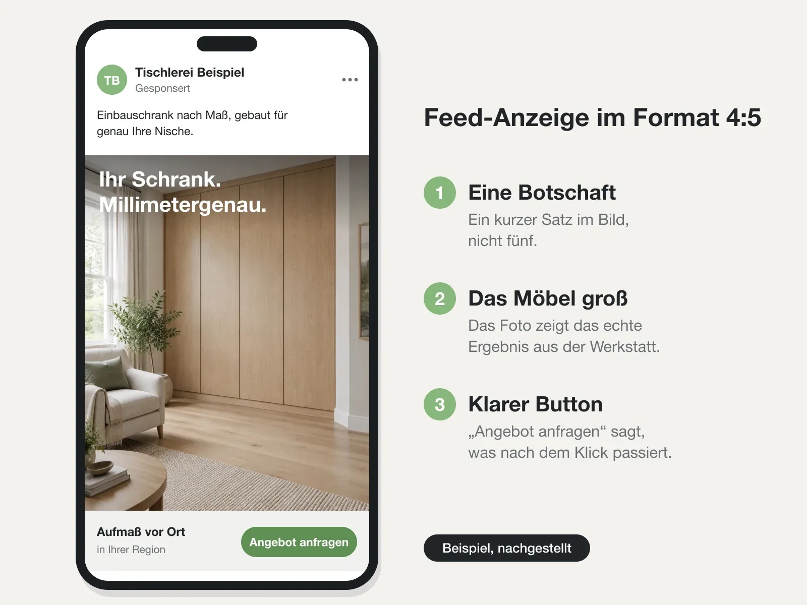 Beispiel einer Feed-Anzeige im Format 4:5 für eine Tischlerei mit Einbauschrank aus Eiche und dem Button Angebot anfragen