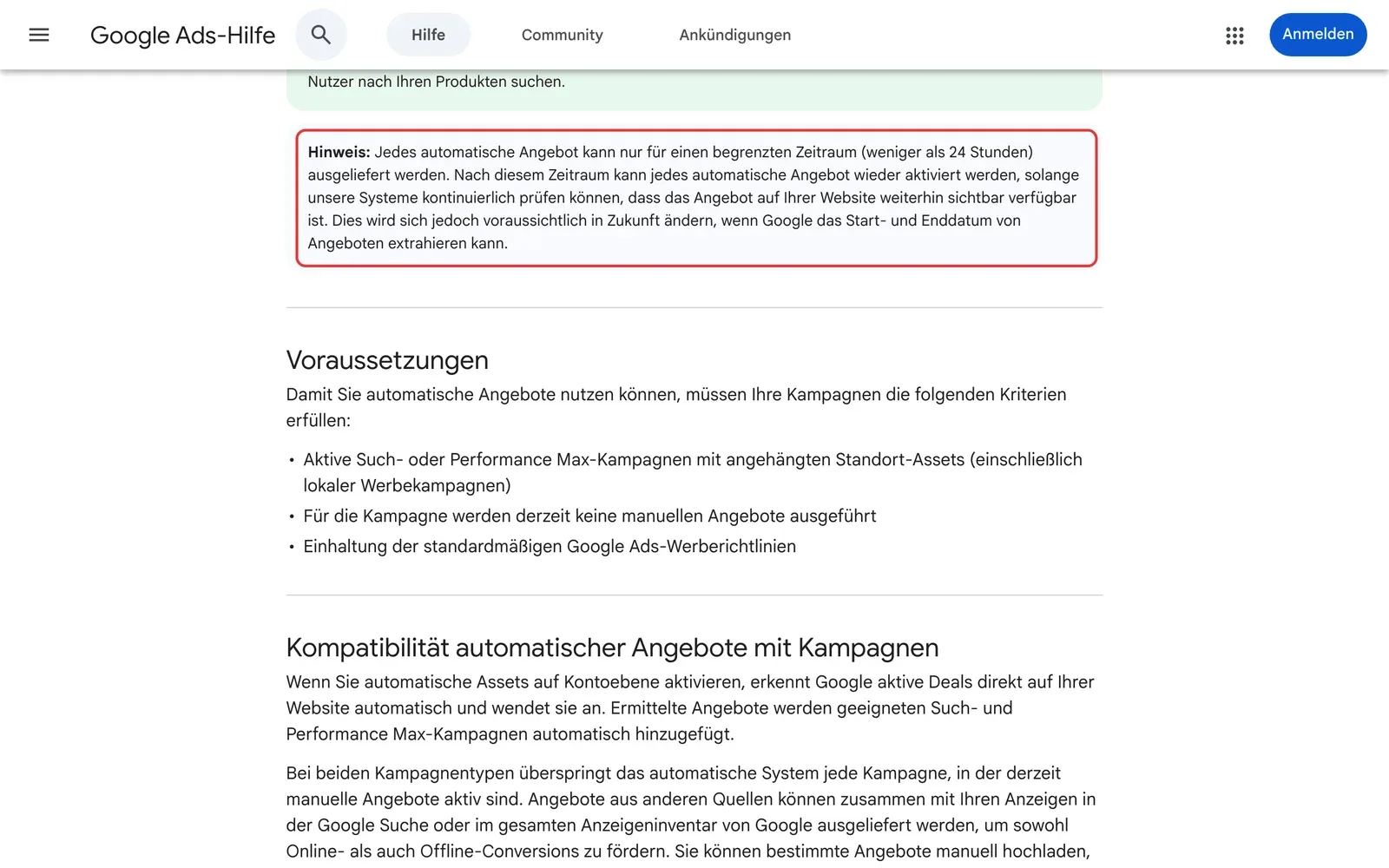 Google Ads-Hilfe zu automatischen Angeboten mit markiertem Hinweis zur Laufzeit von weniger als 24 Stunden
