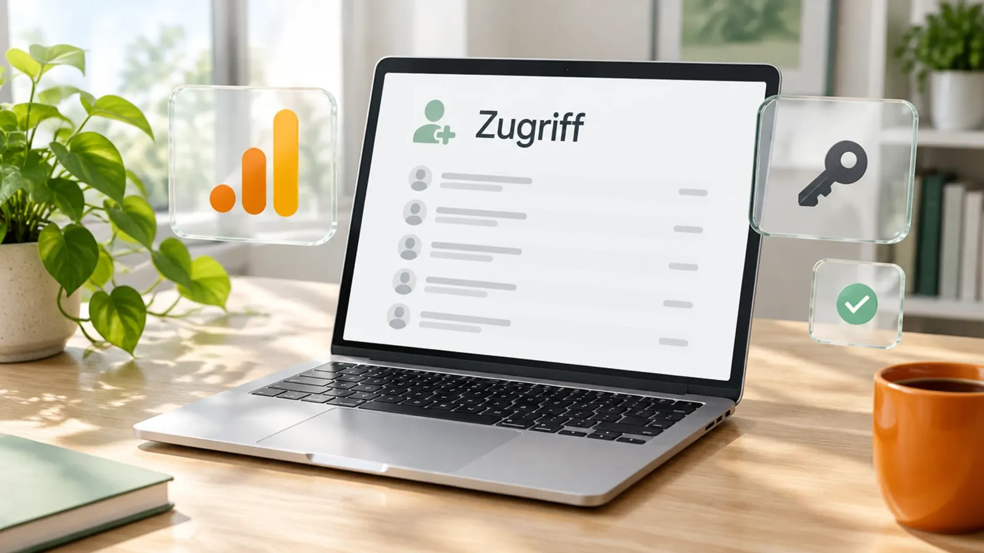 Laptop auf einem hellen Holztisch mit dem Wort Zugriff und dem Google-Analytics-Logo auf einer Glaskarte