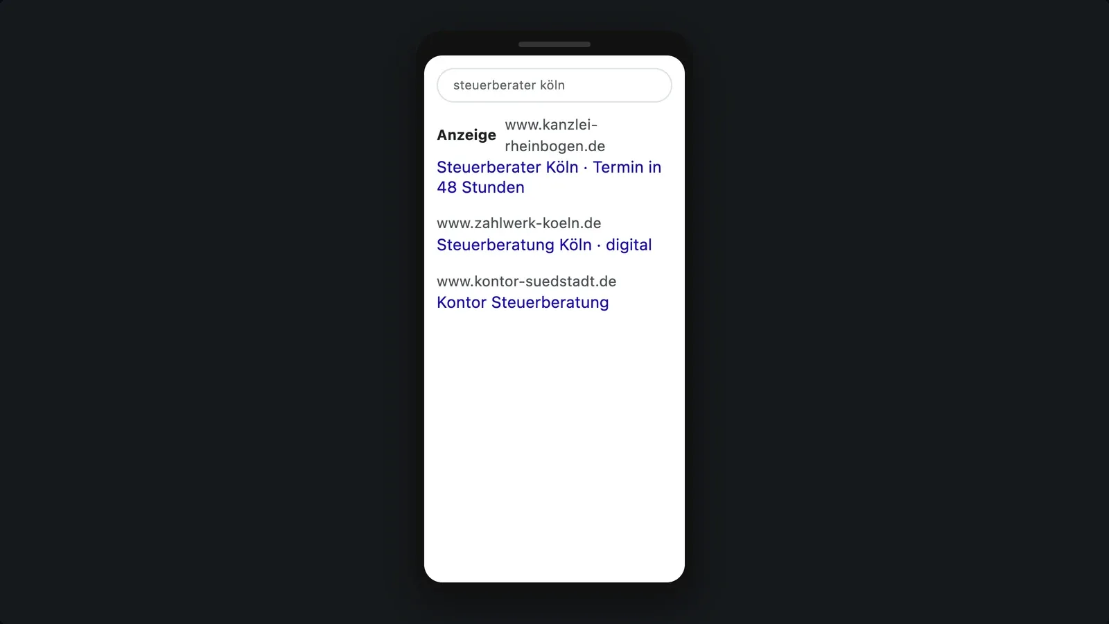 Smartphone mit einer Suchanzeige, rechts daneben ein quadratisches Anzeigenbild