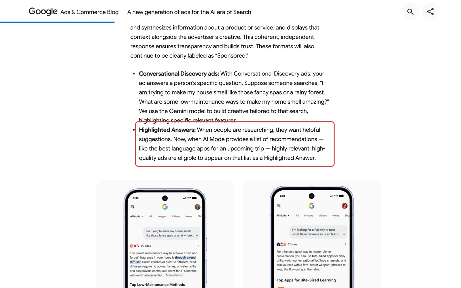 Google Ads und Commerce Blog: Beschreibung der neuen Formate Conversational Discovery Ads und Highlighted Answers