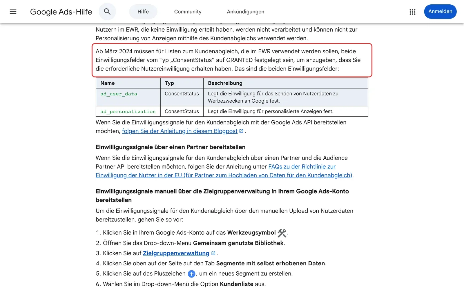 Google Ads-Hilfe zu den Einwilligungssignalen ad_user_data und ad_personalization für den Kundenabgleich im EWR