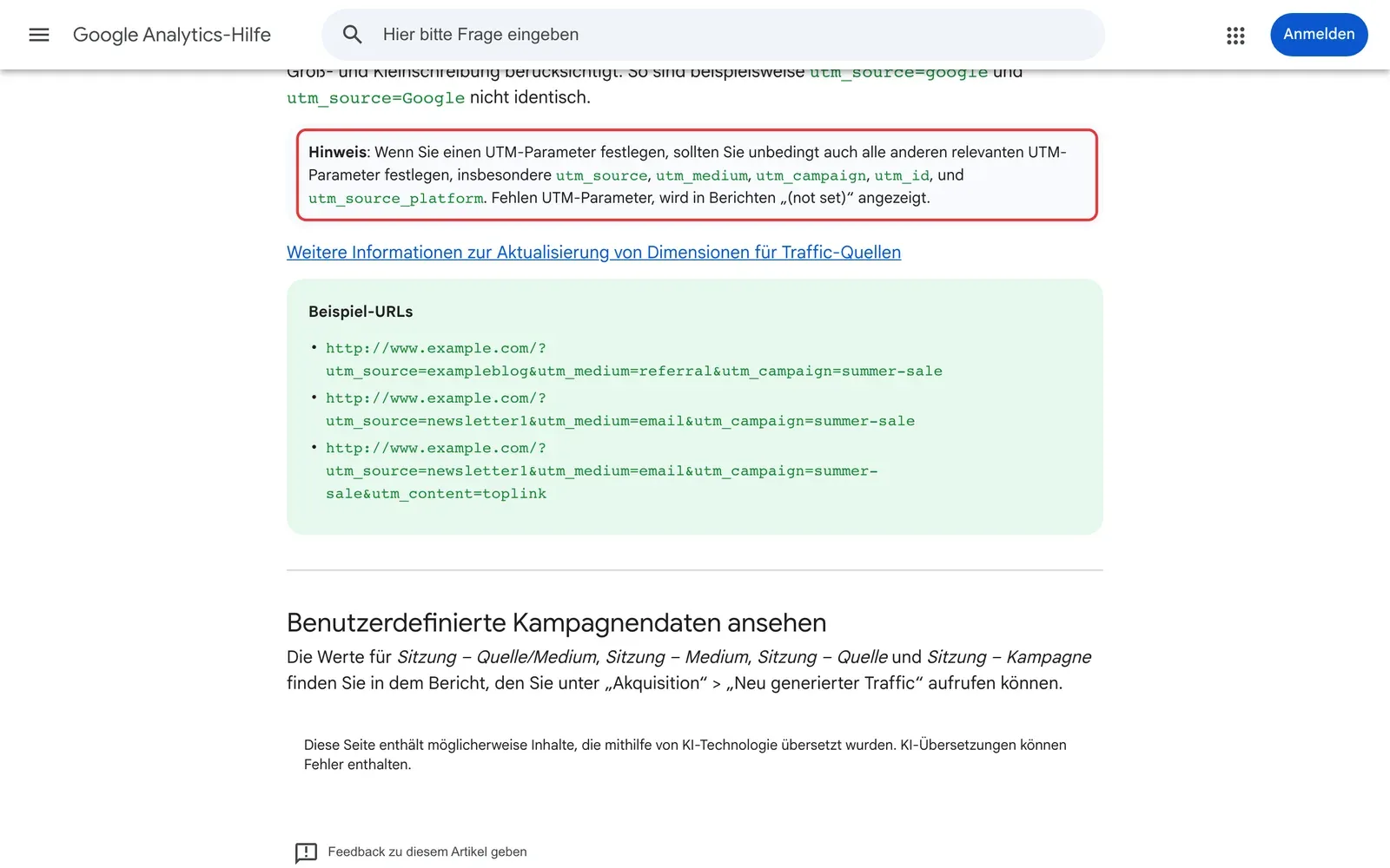 Google Analytics-Hilfe auf Deutsch: Hinweis zu fehlenden UTM-Parametern rot umrahmt, darunter Beispiel-URLs mit utm_source, utm_medium und utm_campaign