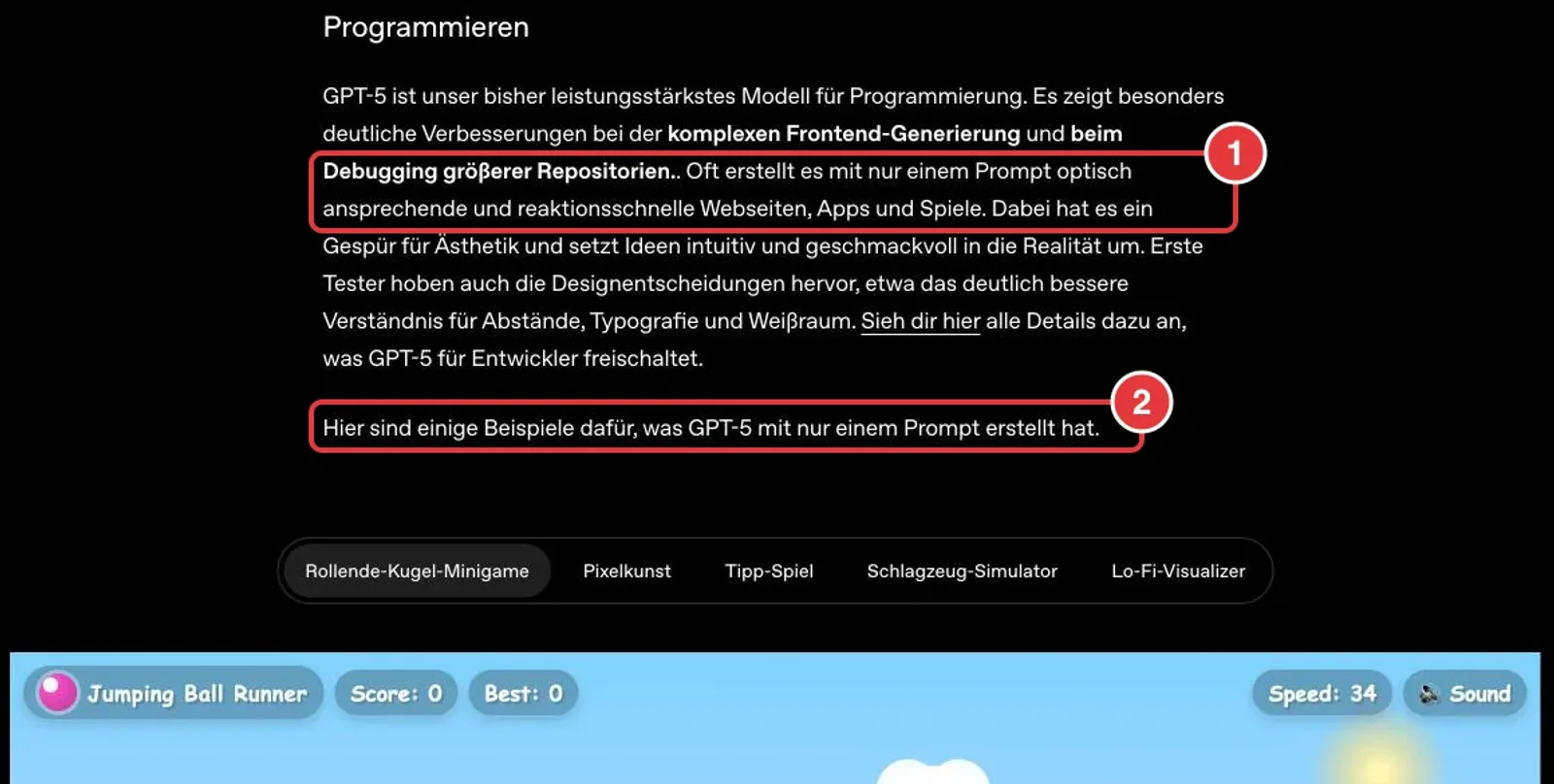 OpenAI-Seite zu GPT-5 mit markierter Aussage über Webseiten aus einem Prompt und dem Hinweis auf Beispiele