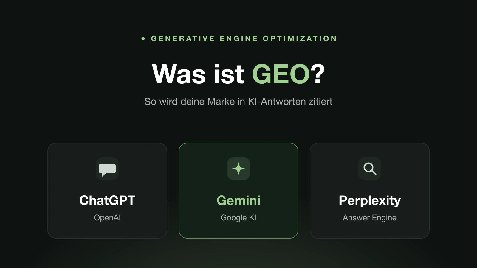 Banner zu Generative Engine Optimization (GEO) – wie eine Marke in KI-Antworten von ChatGPT, Gemini und Perplexity zitiert wird