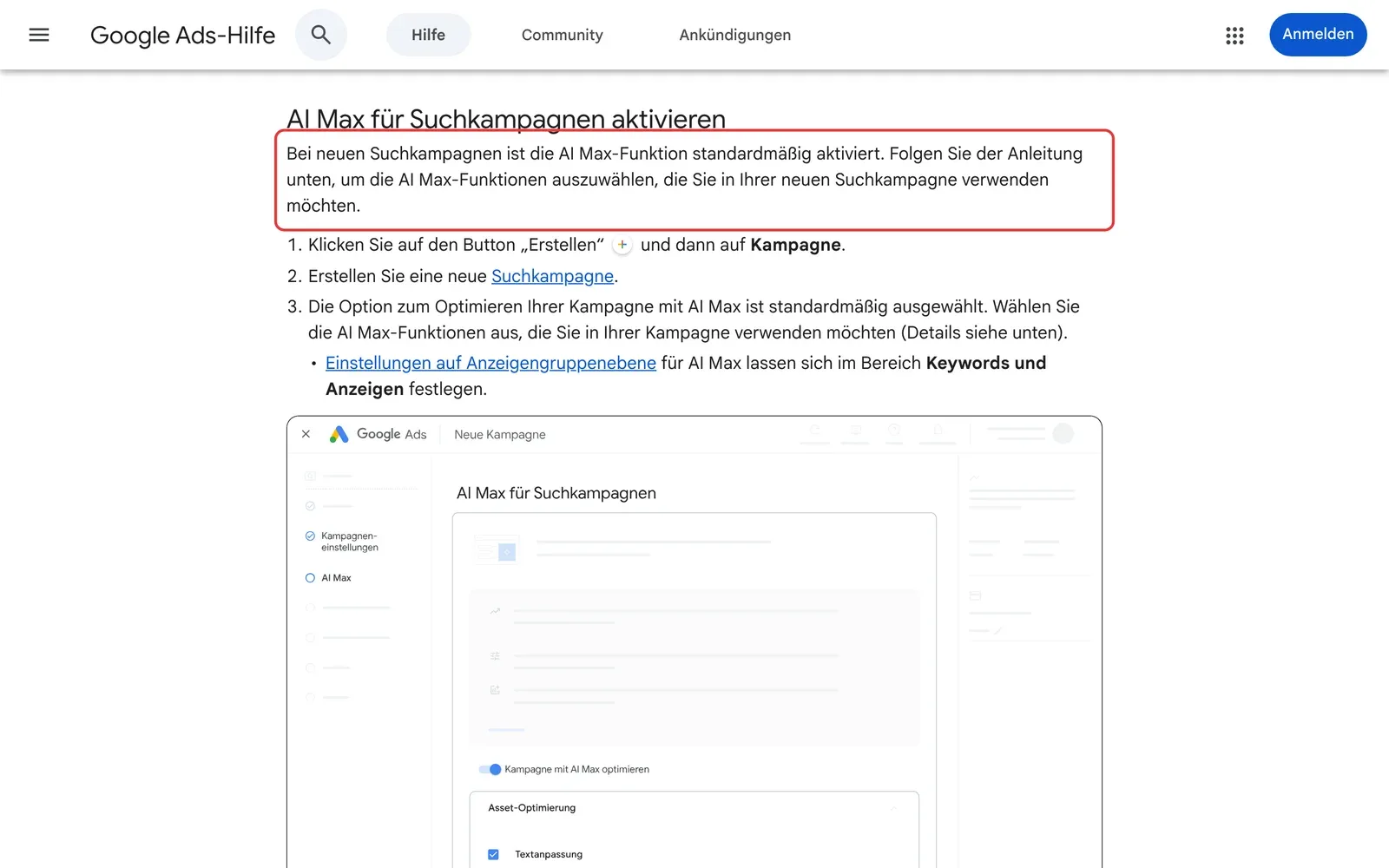 Google Ads-Hilfe: Anleitung zum Aktivieren und Deaktivieren von AI Max für Suchkampagnen