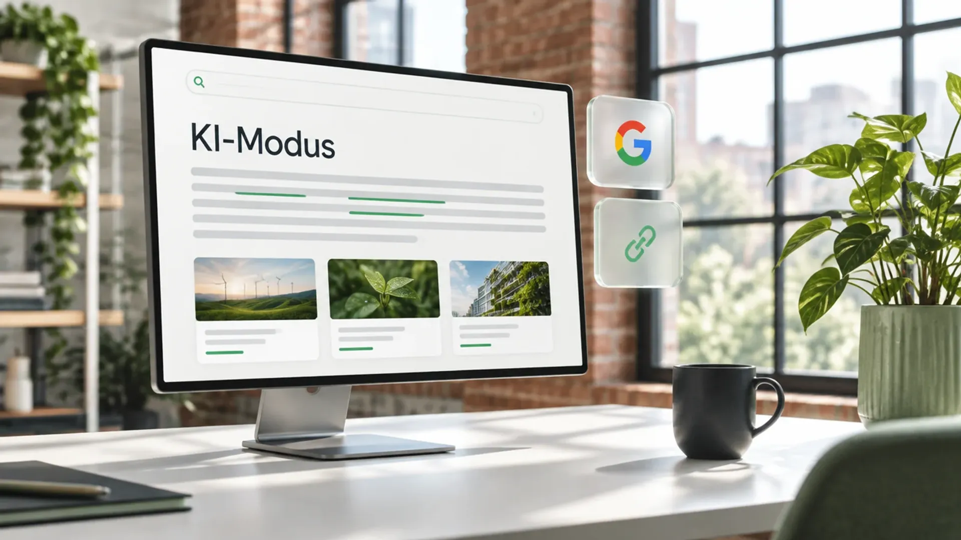 Großer Monitor in einem hellen Loft mit dem Wort KI-Modus und einer Antwort mit grün hervorgehobenen Links, daneben eine Glaskarte mit dem Google-Logo