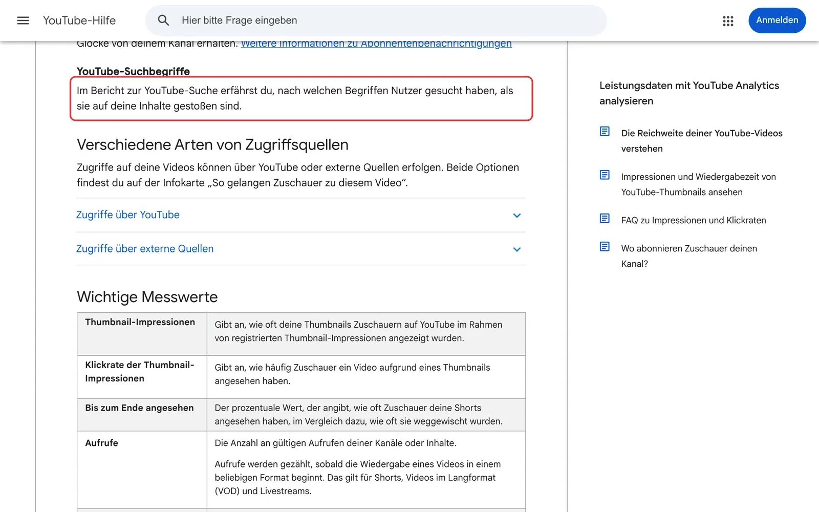 YouTube-Hilfe zur Reichweite: der Absatz, dass der Bericht zur YouTube-Suche zeigt, nach welchen Begriffen Nutzer gesucht haben, ist rot umrahmt