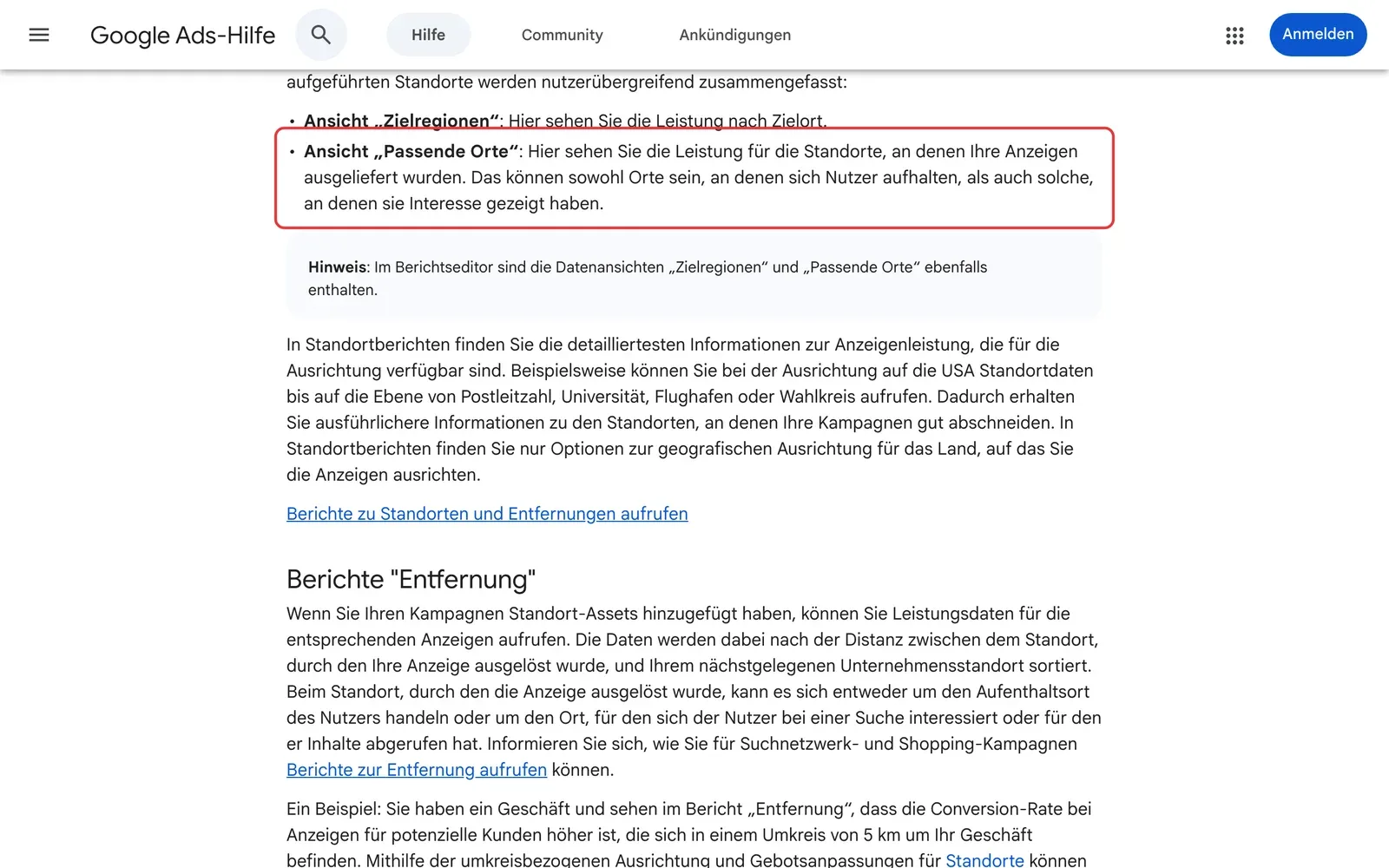 Google Ads-Hilfe Geografische Leistung messen: die Beschreibung der Ansicht Passende Orte, die zeigt, an welchen Standorten Anzeigen ausgeliefert wurden, ist rot umrahmt