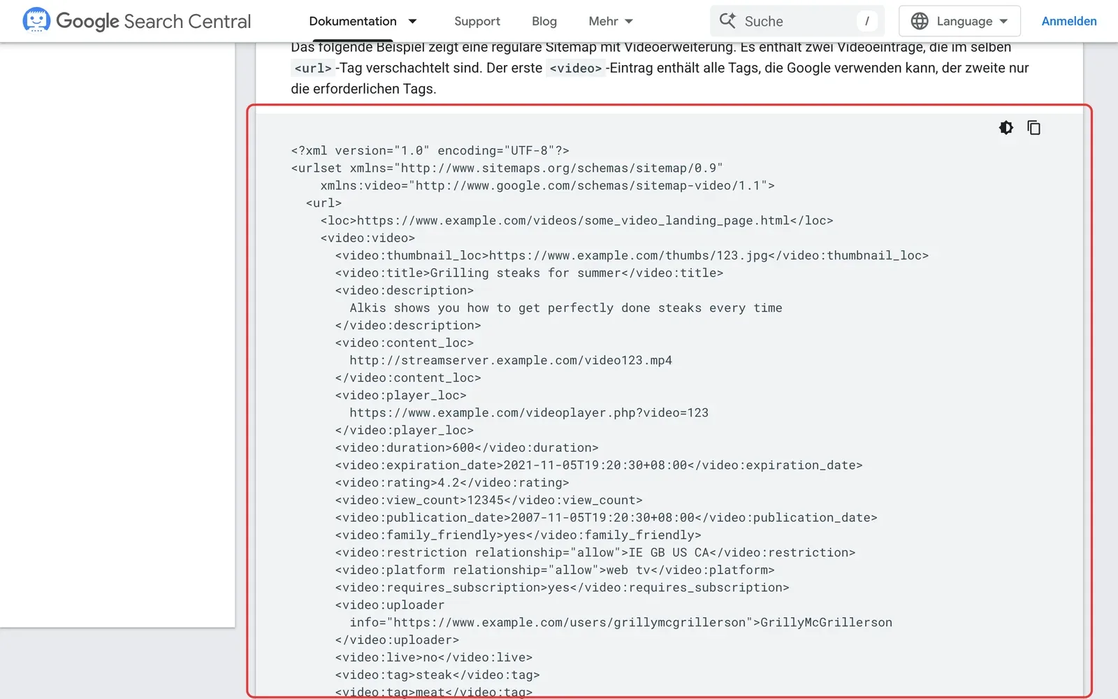 Beispiel einer Video-Sitemap aus der Google-Doku mit Einträgen für Vorschaubild, Titel, Beschreibung, Videodatei und Player, rot umrahmt