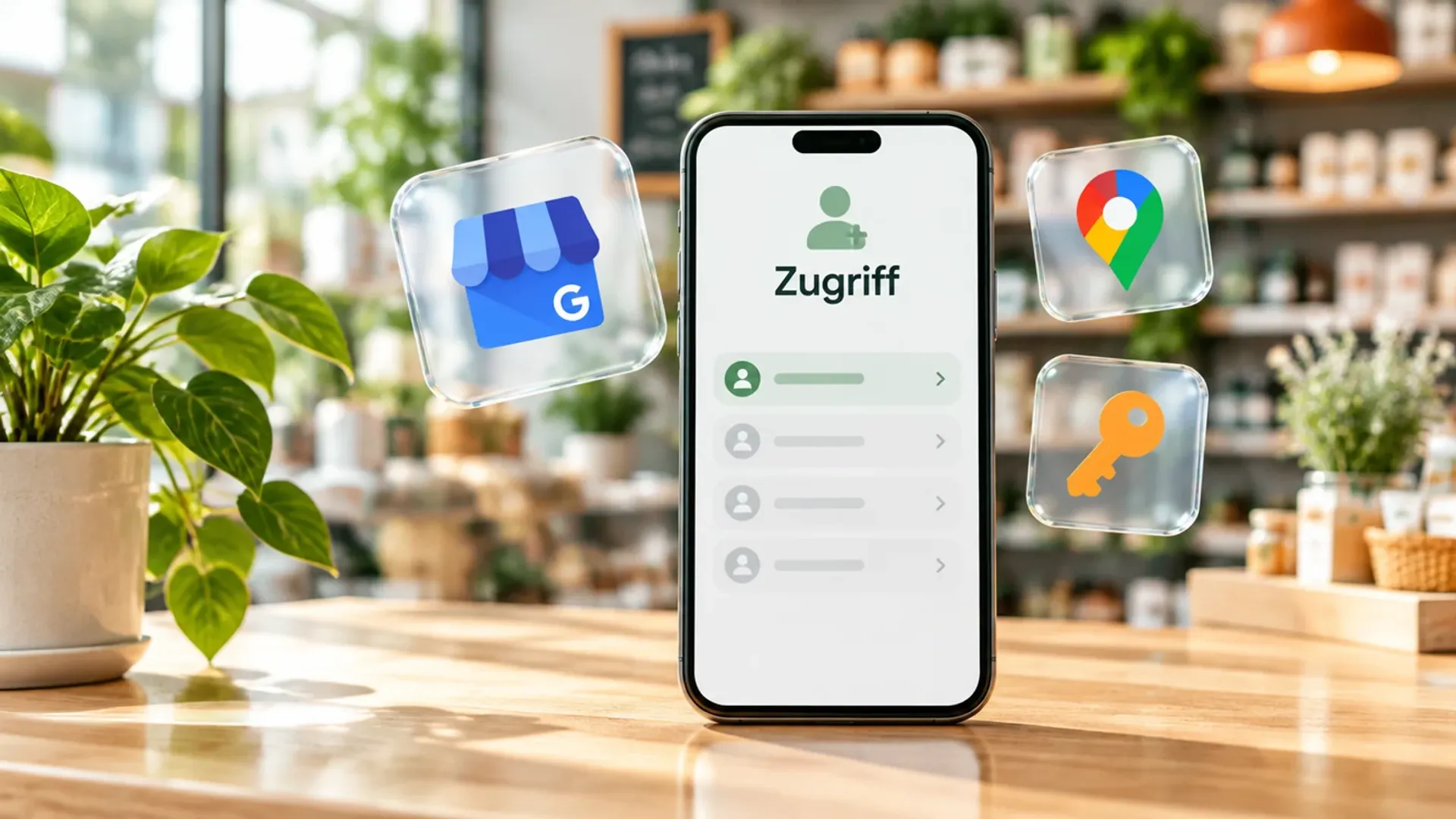 Smartphone auf einem Ladentresen mit dem Wort Zugriff und dem Logo des Google-Unternehmensprofils auf einer Glaskarte