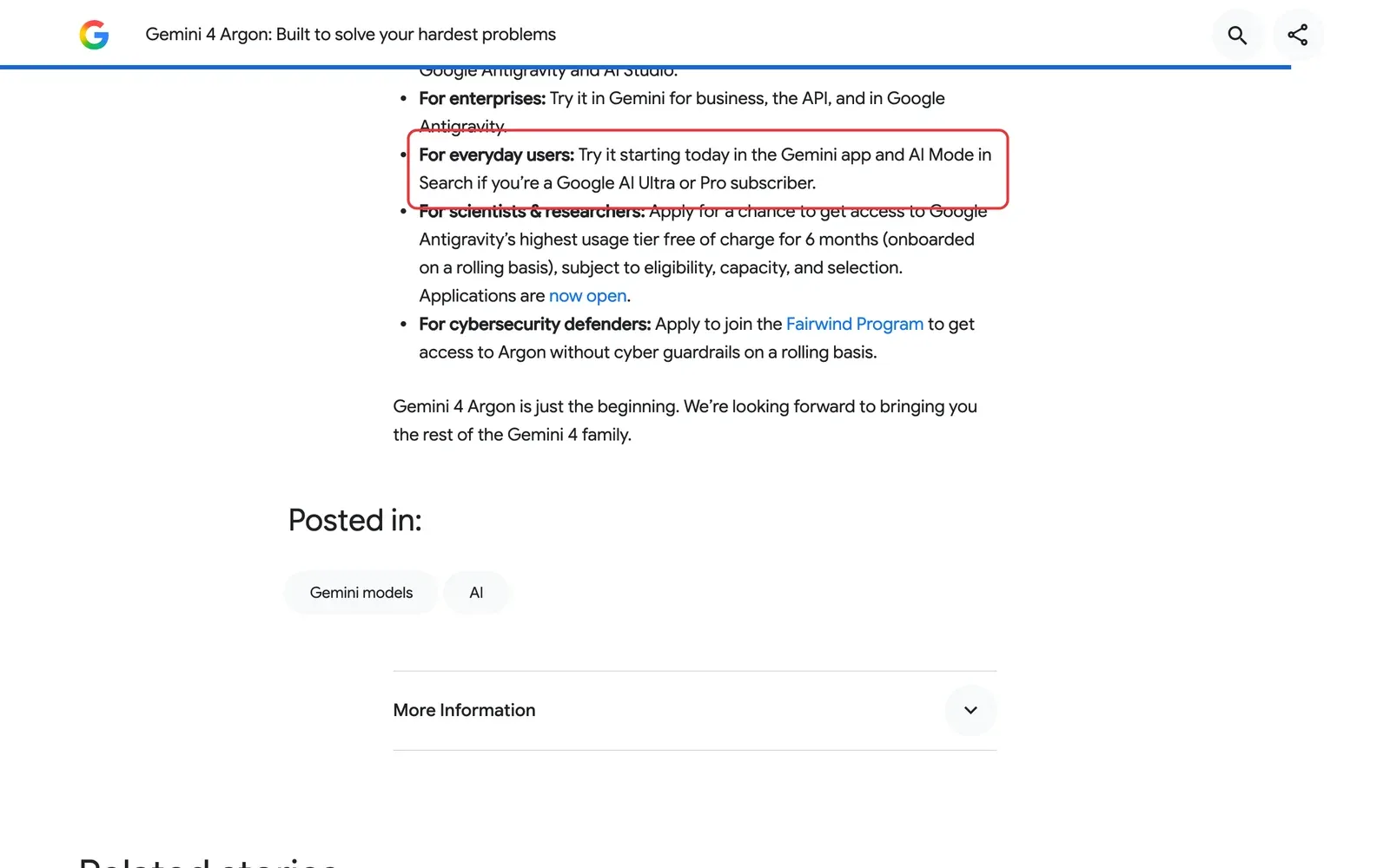 Google-Blog zu Gemini 4 Argon, der Satz zur Verfügbarkeit in der Gemini-App und im KI-Modus für Google AI Pro und Ultra ist rot umrahmt