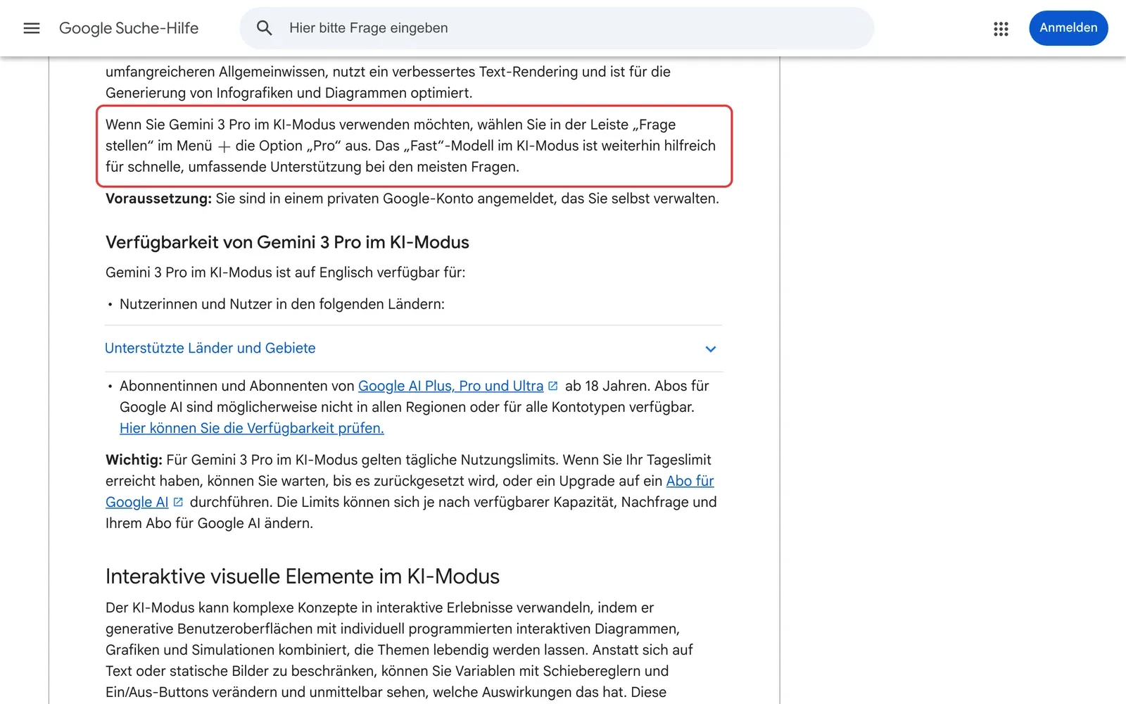 Google-Suche-Hilfe zum KI-Modus, der Absatz zur Auswahl des Modells über die Option Pro ist rot umrahmt
